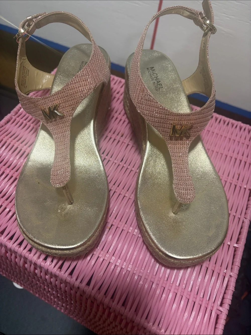 Michael Kors Rose Pink and Gold Wedge Sandals with MK Logo